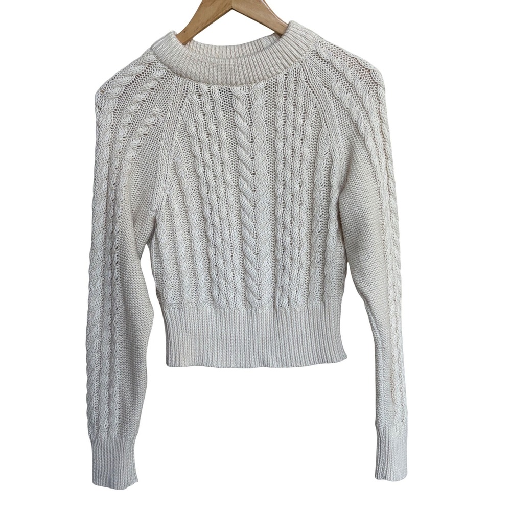 Anthropologie Cream Cable Knit Cropped Sweater Small Ivory Cotton Pullover